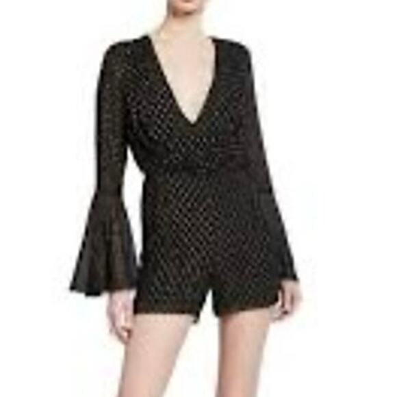 New Jay Godfrey Black Gold Metallic Polka Dot Romper Long Bell Sleeve Sz 6 - Picture 1 of 13